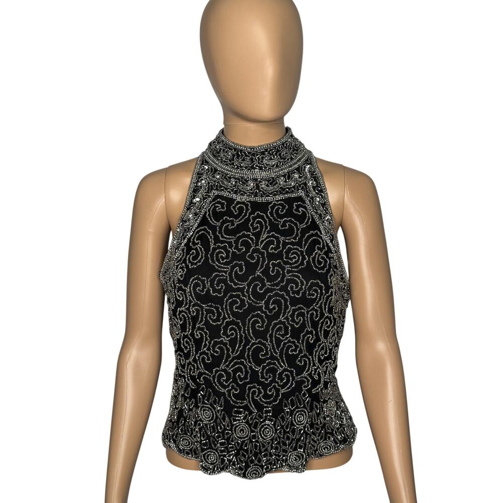 Vintage 1980s Papell Boutique Black Silver Beaded Silk Evening Top Small